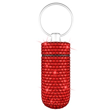 Yuchew Bling Pill Case Pill Container Rhinestone Pill Box Portable Waterproof Pocket Pill Holder Storage Bottle with Keychain for Travel, Outdoor, Camping (Red)