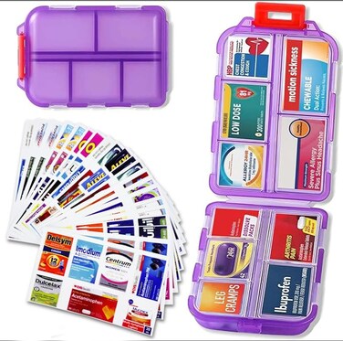 YUNGOD Pill Organizer with Medicine Labels Travel Daily Pill Container Mini Medication Organizer Storage Pill Organizer Pill Case 7 Day Portable Pill Organizer (Purple, Pill Box with Stickers)