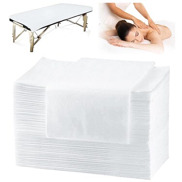 100 Pcs Disposable Massage Table Sheets Esthetician Bed Covers Non-Woven White Fabric Table Cover Bed Sheets 71"x31" for Spa, Facial, Tattoo, Waxing Pack of 100Pcs Waterproof Breathable Soft Durable