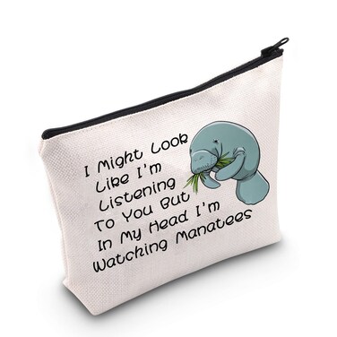 POFULL Manatee Cosmetic Bag Manatee Lover Gifts Sea Animal Gift Sea Cow Gift (I'm Watching Manatees Cosmetic Bag)