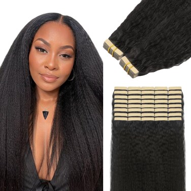Lashey Tape in Hair Extensions Real Human Hair 100g/pack 40pcs Kinky Straight Tape in Hair Extensions 16 Inch Natural Black Replacement Tape for Hair Extensions