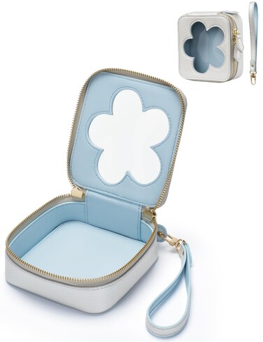 Popvibe Small Clear Makeup Pouch for Purse Travel Mini Cosmetic Bag with Removable Wrist Strap, Portable Leather Small Toiletry Bag for Women Girls Square Clear Zipper Pouch, Silver &amp; Blue Flower