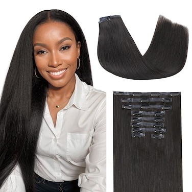 Lashey Seamless Clip in Hair Extensions Human Hair 9pcs 130g Natural Black Light Yaki Straight Clip in Hair Extensions Real Human Hair 16 Inch Soft Human Hair Clip in Extensions