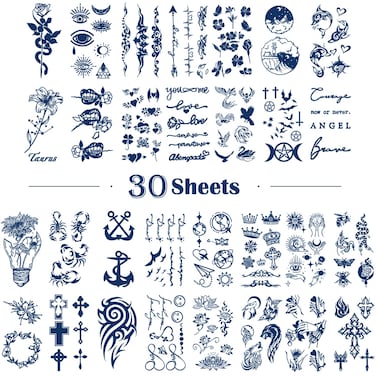 Metuu 30 Sheets Semi-Permanent Tattoo Waterproof Men Women Words Flower Crown Totem Butterfly Small Fake Durable Temporary Tattoo Stickers for Boys Girls Last 1-2 Weeks