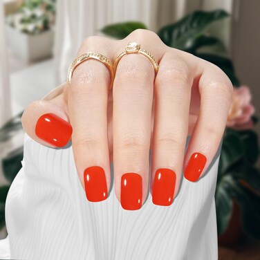 Press On Nails 24PCS 12 Sizes, Orange Red Short Square Fake Nails, Bright Orange Glue on Nails, Artificial Stick on Nails for Big/Small/Long/Short/Flat/Wide Nail Beds