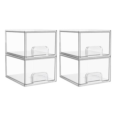 Vtopmart 4 Pack Clear Stackable Storage Drawers, 4.4'' Tall Acrylic Bathroom Makeup Organizer,Plastic Storage Bins For Vanity, Undersink, Kitchen Cabinets, Pantry, Home Organization