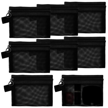 8 PCS Small Zipper Pouch Black Coin Purse Mini Mesh Pouches Cosmetic Bag Travel Portable Makeup Case Mesh Organizing Storage Bags with Keychain for Women