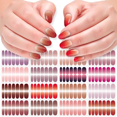 DANNEASY 16 Sheets Nail Polish Stickers Full Nail Wraps for Women Blue Glitter&amp;Solid Color Fingernails Wrap Self Adhesive Nail Polish Strips Gel Nail Strips with Nail File, Cuticle Stick