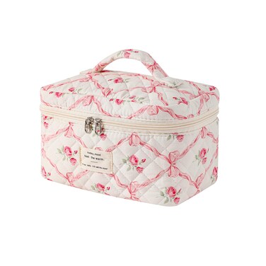 Large Quilted Makeup Bag for Women and Girls, Cute Coquette Floral Cotton Cosmetic Bag, Aesthetic Travel Organized Toiletry Bags (01Pink Bows)