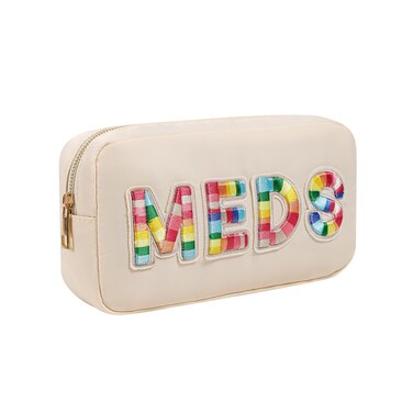 Chenille Letter Patch Nylon Medicine Packages,Cute MEDS Travel Makeup Bag with Metal Zipper, First Aid Purse Organizer Cosmetic Bag for Women and Girls(01Beige)