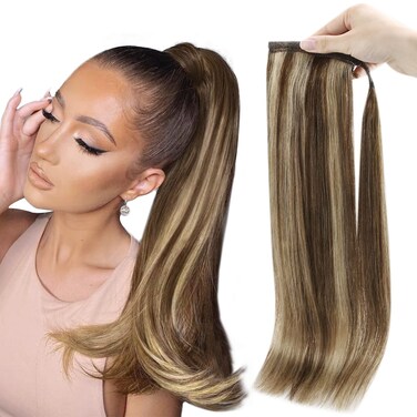 Full Shine Hair Extensions Clip in Ponytail Human Hair Extensions Medium Brown Highlights Honey Blonde Wrap Around Ponytail Hair Extensions Straight Hair 70 Grams 12 Inch
