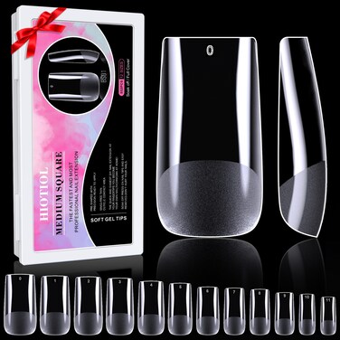 Medium Square Nail Tips, 552Pcs Soft Gel Full Cover Nail Tips for Soak off Nail Extensions, Half Matte Clear False Gel Nail Tips for Nail Salons and DIY Nail Art, 12 Sizes