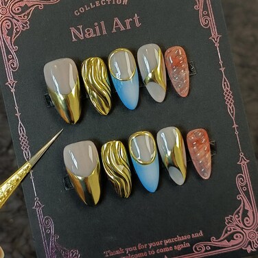Metallic Gold Nails Handmade Press on Nails Almond French Tip Gel Fake Nails With Glue Handmade Acrylic Artificial False Nails With Sweet Cool Y2k Designs 10pcs Stick on Nails For Women(XS)