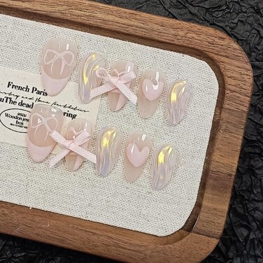 French Tip Press On Nails Short Almond Nude Pink Gel Fake Nails With Glue Aurora French False Nails With Sparkling Waves 3D Bow 10pcs/Box Lovely Sweet Cute Acrylic Stiletto Nail Tips(XS)