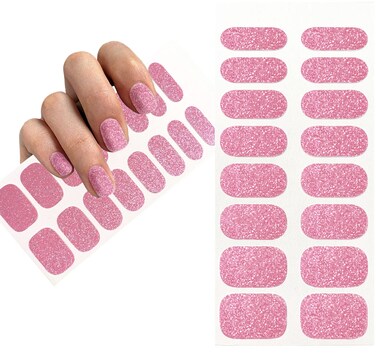Self-Adhesive Glitter Shiny Pink Full Nail Wraps Stickers   Brighter, Thicker, Tougher Nail Polish Strips for Women Teens and Girls   DIY Nail Art Decoration (1 Sheet-16 Strips)