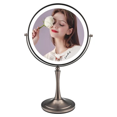 10" Lighted Makeup Mirror with Magnification, 1X/10X Double Sided Magnifying Lighted Vanity Mirror, 360 Rotation, 3 Colors Dimmable Rechargeable Makeup Mirror with 96 LED Lights Grey