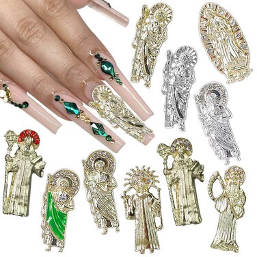 3D San Judas Nail Charm Virgin Mary Nail Charms,10 Pcs Alloy Virgin Mary Charms for Nails Gold Silver Jesus Charms Metal Buddha Charms Nail Jewels for Nail Art Religious Nail Rhinestones Accessories