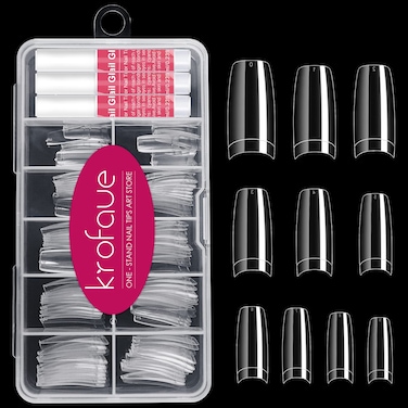100PCS Clear False Nails Tips and Nail Gule Kit, krofaue Half Cover Lady French Style Acrylic Artificial Tips 3Pcs Nail Glue for Nail Extension kit Nail Tips Art Salons and Home DIY