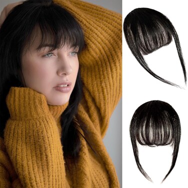 Clip in Bangs 100% Real Human Hair Bangs Clip in Hair Extensions Clip on Wispy Bangs for Women Fringe Bangs Hair Pieces for Daily Wear(Brown Black)