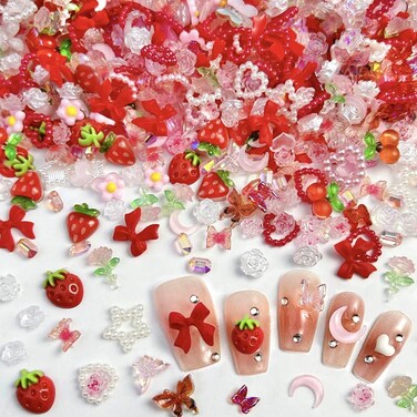100pcs 3D Pink Red Strawberry Flower Nail Charms Camellia Rose Cherry Butterfly Nail Art Charms Resin Accessories Flatback Heart Bow Charms for Nails Design Moon Star Nail Jewels for Nail Art Supplies