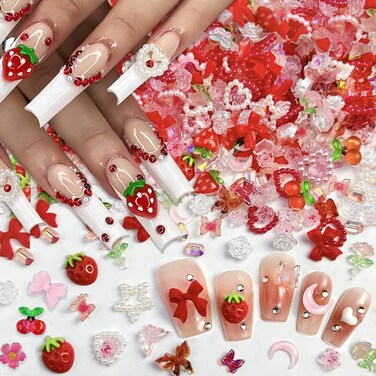 100pcs Pink Red Strawberry Flower Nail Charms Cherry Rose Camellia Butterfly Nail Art Charms Heart Bow Charms for Nails Design Nail Bows Resin Accessories Moon Star Nail Jewels for Nail Art Supplies