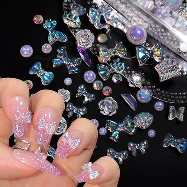 100pcs Mix Shapes Aurora Nail Art Charms - Camellia Bow, Resin Flower, Butterfly, Kawaii Bear, Moon, Heart Nail Charms