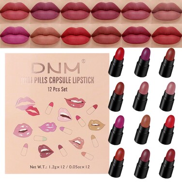 12 Capsule Pills Lipstick Mini Lip Stick Packs Matte Lip Stick Bundles For Women,Dark Sexy Red Brown Nude Mini Matte Lipstick Makeup Lip Liner labiales mate 24 horas originales (Set02, 12pcs set)