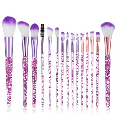 15Pcs Purple Makeup Brushes Set, Glitter Crystal Cute Makeup Brush Eye Shadow Brushes Kit Professional Face Foundation Concealer Liquid Make up Beauty Eyeliner Lip Cosmetic Brush Set for Women