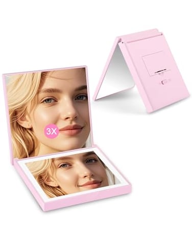 Compact Mirror, 1X/3X Magnification LED Travel Makeup Mirror with Lights, Small Portable Purse Mini Pocket Double Sided LED Lighted Handheld Folding Mirror, Gifts for Women Girls, Pink