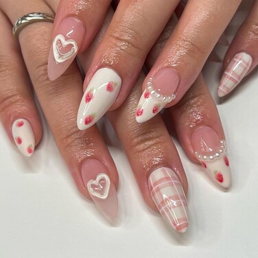Valentine's White French Tip Press on Nails Almond Fake Nails Medium Acrylic Nails Press ons Cute Valentines Heart Strawberry Pink Full Cover Glue on Nails for Women Girls 24 Pcs