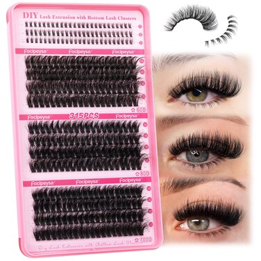 Focipeysa Cluster Eyelash Extensions Fluffy Eyelash Clusters with Bottom Lashes 14-20mm Lash Clusters 315pcs Individual Eyelash DIY Lash Extension for Beginners (60D 80D 100D Mixed)