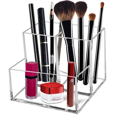 Clear Acrylic Makeup Brush Organizer,Multi-Purpose Cosmetic Brushes Storage Holder with 3 Slots,Pencil Pen Holder for Desk,Desk Organizer and Accessories for Vanity