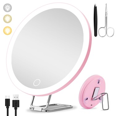 10x Magnifying Mirror with Light Large 6'' Lighted 10x Magnified Mirror with Suction Cups &amp; Table Stand, 3 Color Modes Dimming High Magnification Travel Makeup Mirror with Tweezers &amp; Scissors
