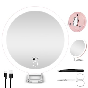 Magnifying Mirror with Light 30X, Large Lighted Makeup Magnifying Mirror, 30X High Magnification Makeup Mirror with Lights, 30x Handheld Travel Magnifying Mirror with Suction Cups and Adjustable Stand