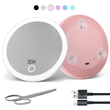 Travel Magnifying Mirror with Light 30X, 4inch Rechargeable Lighted Magnified Mirror with Suction Cups, Small Magnifying Mirror 30x High Magnification Compact Pocket Makeup Mirror with Scissors