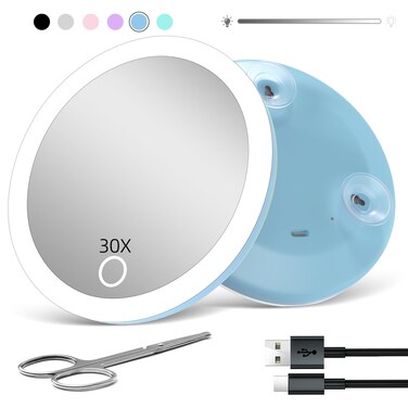 Travel Magnifying Mirror with Light 30X, 4inch Rechargeable Lighted Magnified Mirror with Suction Cups, Small Magnifying Mirror 30x High Magnification Compact Pocket Makeup Mirror with Scissors, Blue