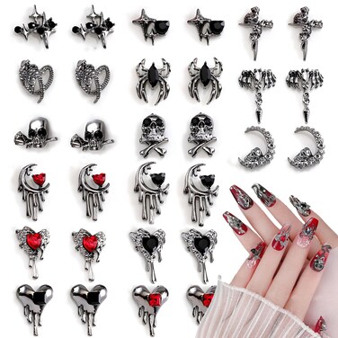 30Pcs Halloween Nail Charms 3D Silver Alloy Nail Rhinestone Dark Metal Crystal Nail Jewels for Halloween Nails Designs Skull Snake Spider Star Heart Cross Nail Art Charm for Acrylic Nails Supplies