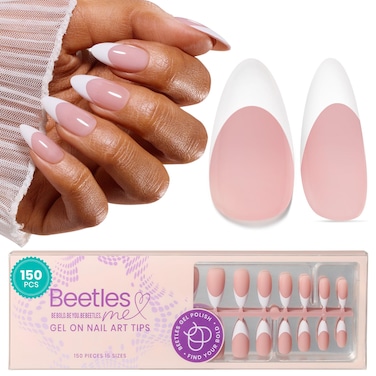 Beetles Pre-French Tips Gel Nail Tips, 15 Sizes 150 Pcs French Tip Press on Nails Nude Pink Medium Almond Pre-applied Tip Primer &amp; Base Coat No Need to File Fake Nails Valentines Gift for Women