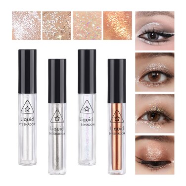 4Pcs Liquid Eyeshadow Eyeliner Kit Set for Korean Makeup, Sparkling Shimmer Metallic Eye Glitter Sequins for Under Eye Tear-Drop Make Up, Quick-Dry Loose Glitter Glue for Crystal Mermaid Looks