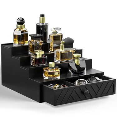 Cologne Organizer for Men, 4 Tier Perfume Organizer with Felt Lining Drawer and Hidden Compartment, Wood Cologne Stand for Watch Jewelry, Black Cologne Perfume Display Holder, Great Gifts for Men