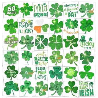 EMOME Glitter St Patrick's Day Tattoos Stickers for Kids, 50 Individually Wrapped Sheets St Patricks Day Decorations Accessories, Irish Shamrock Tattoo Stickers for Party Favors Supplies