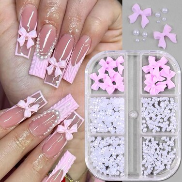 Pink Bow Nail Charms with Nail Pearls,6 Grid/Box 3D Nail Art Charms Nail Bow Charms for Nails Design Mini Pearl Nail Charms for Acrylic Nails Ribbon Bows for Nails Charms Bowknot Nail Charm Nail Bows