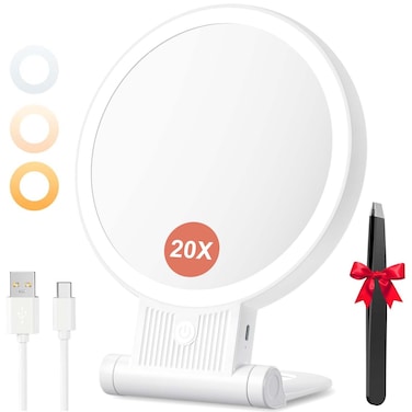 1X/20X Magnifying Mirror with Light, Double Sided Makeup Mirror with Adjustable Folding Handle, 2000mAh Rechargeable Vanity Mirror with Tweezer, Portable Tabletop Mirror for Travel Home