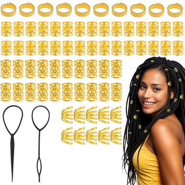 70 PCS Hair Jewelry, 4 Styles Gold Dreadlock Beads Loc Accessories with 2 Hair Braiders Hair Cuffs for Braids Adjustable Metal Hair Rings Decoration for Black Women Girls