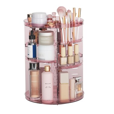 Rotating Makeup Organizer, DIY 8 Adjustable Layers 360 Spinning Skincare Organizers, Makeup Storage Carousel Tower with Brush Holder &amp; Perfume Trays, Cosmetic Display Case for Vanity Bathroom