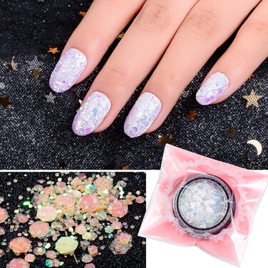 8 Pots Nail Art Laser White Glitter Sequins 3D Holographic Chunky Nail Confetti Powder Paillette Flakes Decoration Manicure Tips for Women Girls Nail Art Decoration/Face/Body/DIY Crafting