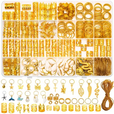 285PCS Gold Hair Jewelry for Braids, Gold Dreadlock Jewelry Accessories Braid Jewelry with Gold Pendants, Loc Jewelry for Hair Dreadlocks Gold Rings Cuff Clips Charms for Braid Decoration