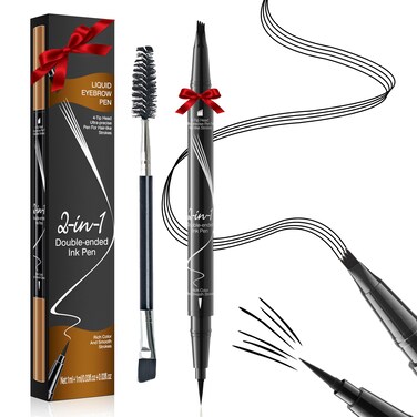 Microblading Eyebrow Pen Waterproof - Eyebrow Pencil Magical 2-in-1 Dual-Ended Eye Brow Pencils for Women with 4-Fork-Tip &amp; Precise Brush-Tip &amp; Eyebrow Brush, Natural Hair Like Strokes (Natural Black)