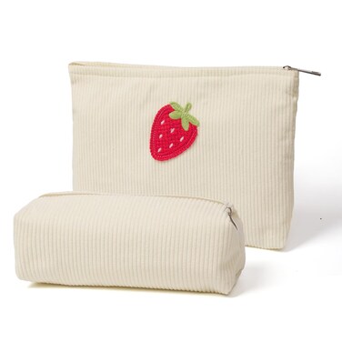 Cosmetic Bags Cute Strawberry Patch Corduroy Makeup Bag Set Large Travel Toiletry Cosmetic Pouch Bags with Zipper for Women (Beige)