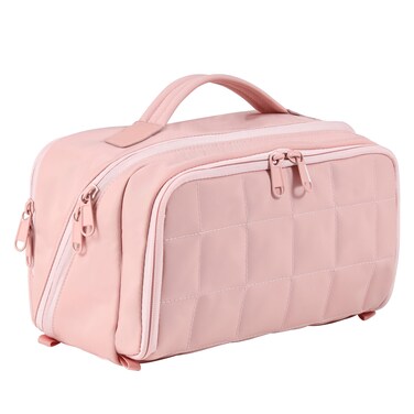 Travel Makeup Bag Organizer Cosmetic Bag for Women,Waterproof Toiletry Bag Quilted Makeup Travel Bag for traveling women,Large Make Up Bag with 3 Compartments,Flat-Opening,Pink (Patented)